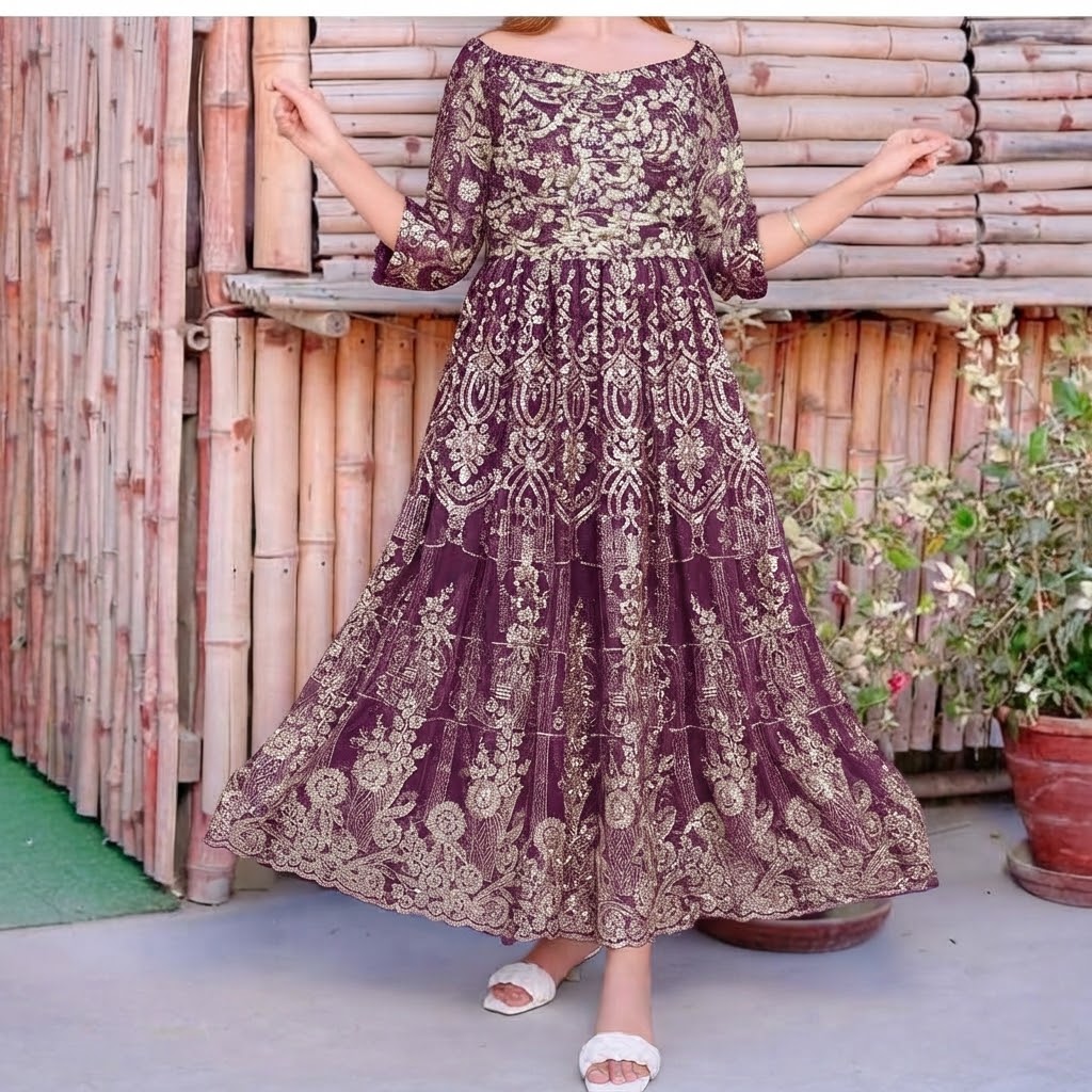Imported Maxi with hilla Zari embroidery Wedding and party Wear